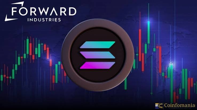 A Coinomania graphic showing the Forward Industries logo and Solana (SOL) emblem against a background of red and green candlestick charts.