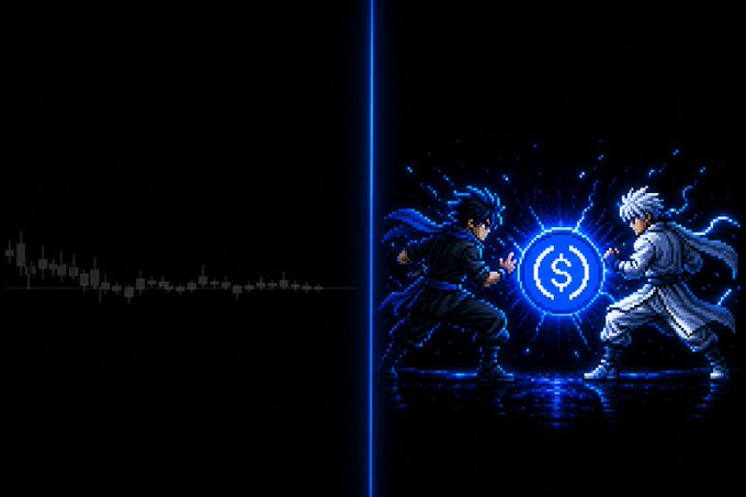 Two pixel-art fighters clash around a glowing USDC coin in a dramatic duel scene, visually representing Basebored Club's skill-based 1v1 crypto battles that keep the Base ecosystem engaging during sideways market conditions.