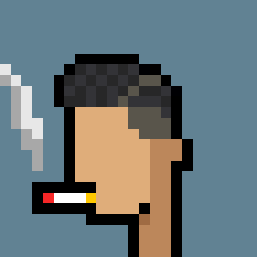 A pixel art style illustration of a man's profile with dark hair and an orange-tan complexion smoking a cigarette, with smoke rising against a teal background.