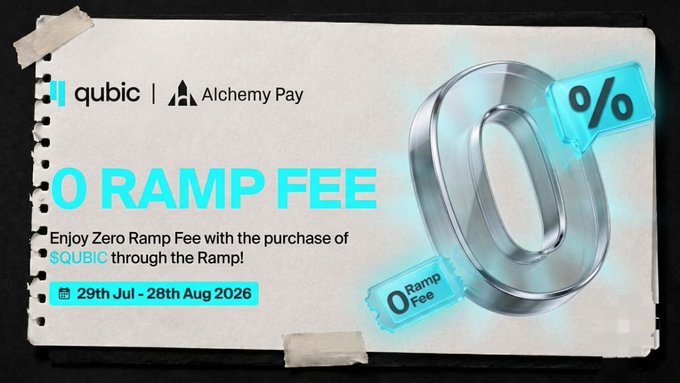 A promotional graphic by Qubic and Alchemy Pay announces "0 RAMP FEE" on the purchase of $QUBIC through the Ramp platform from 29th Jul - 28th Aug 2026, visually represented with a large metallic "0" and percent symbol. The image ties into the post's theme of avoiding extra fees and friction in Web3 transactions by highlighting a fee-free on-ramp option.