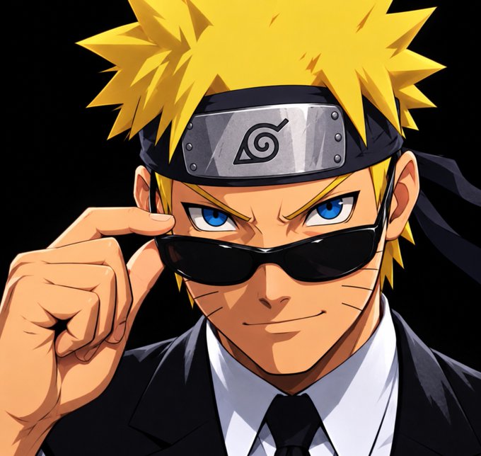 An anime-style illustration of a blonde, spiky-haired character wearing a black suit, tie, and sunglasses, with a Konoha (Hidden Leaf Village) headband from Naruto.