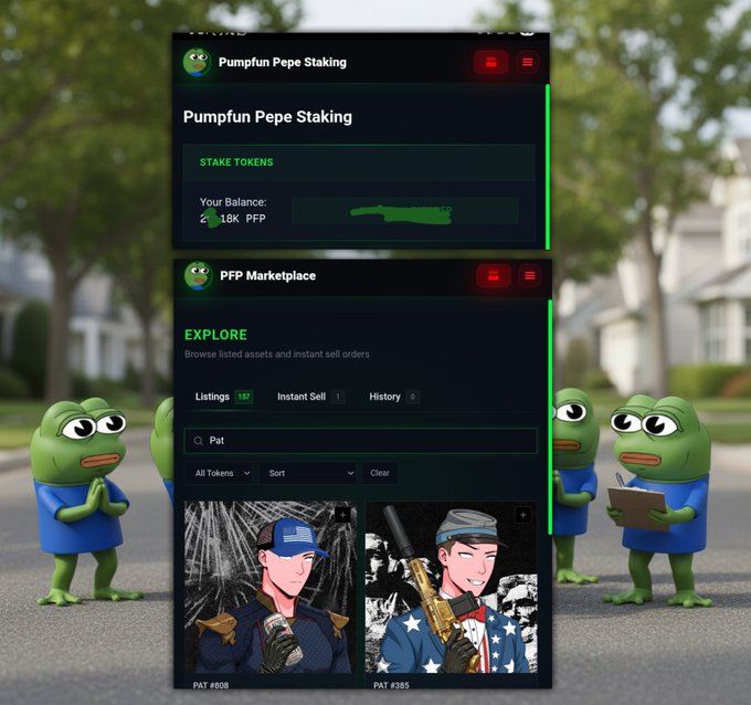 The image shows a computer screen displaying information about Pumpfun peepstalkers. The screen has two tabs open, with one tab showing a list of items for sale and another tab featuring images of cartoon characters. There are four cartoon characters in total, including three green ones and one blue one. The text on the screen reads "Just staked over 20,000 $PFP on the PFPP Marketplace. I told you guys a few days ago that earning PFPP is the alpha, and today I finally acted on it. As an early supporter of @PatriotsSolana from day one, it' s funny that I still don't own one. That needs to change."