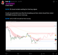 A Discord post by "Satoshi Jan 19" displays a LINK/USDT TradingView chart with annotations showing "cloud rejected wailing for that buy signal," a breakout retest message, and "$1.3 USD should be free money," illustrating the trading call the poster shared with their 500 subscribers.