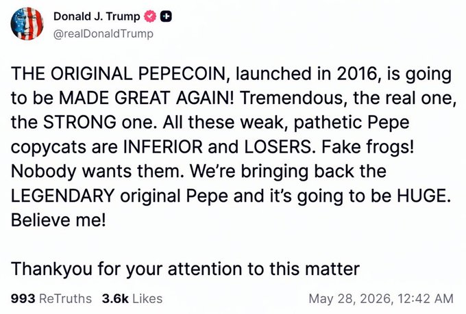 The focus of this image should be on a screenshot or part of a screenshot showing the original pepecoin tweet from Donald J Trump's Twitter account. This post seems to have been taken directly from a meme or social media page, with a caption reading "The Original Pepecoin Launched in 2016 is going to be Made Great Again: Tremendous! The real one, the Strong one." It appears that this is an attempt at humor and satire, as some sentences might seem funny or unusual due to their wording. The content of this post seems to have been taken out of context, but it highlights a light-hearted approach towards politics by using the meme format with Trump's tweet.
