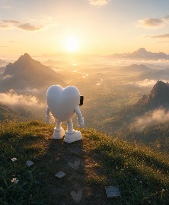 A heart-bodied character wearing boxing gloves stands on a scenic mountaintop overlooking a misty valley at sunrise, with small heart-shaped tokens scattered on the grass at its feet—visually symbolizing the community-driven fight against lung cancer and the charitable milestones being championed by $Remus.