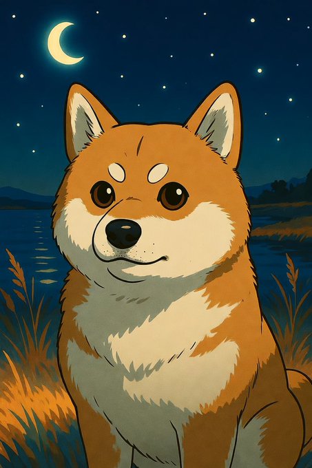 An illustrated Shiba Inu dog sits in grass at night under a crescent moon and starry sky, with water visible in the background.