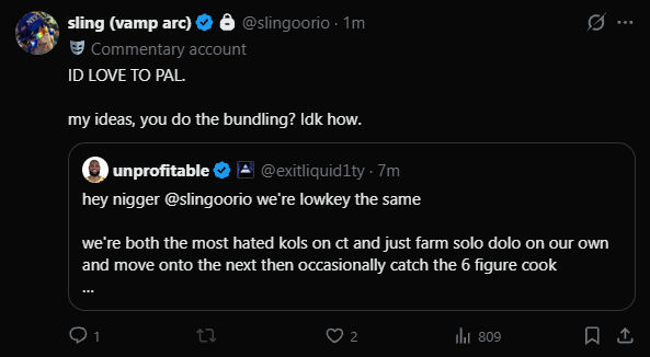 A screenshot of a Twitter/X exchange showing 'sling (vamp arc) @slingoorio' replying 'ID LOVE TO PAL' and discussing binding/ideas, quoting 'unprofitable @exitliquid1ty'.