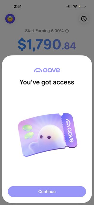 A mobile app screenshot showing an Aave confirmation screen with the text "You've got access" and an illustration of a purple ticket/pass with a ghost character. The background shows a balance of $1,790.84 with "Start Earning 6.00%" text.