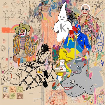 A chaotic colorful collage of cartoonish figures, skeletons, clowns, and abstract marks, with a large “K” and small spiral symbols visible. The caption “first 1155 on @SuperRare below a coupla wips #nsfw .jpg” presents it as an early SuperRare digital-art release accompanied by work-in-progress images.