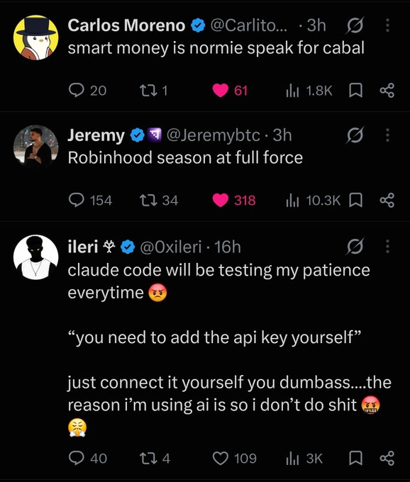 The image shows three X (Twitter) posts from users Carlos Moreno (@Carlito...), Jeremy (@Jeremybtc), and ileri (@Oxileri), with notable engagement metrics including 1.8K and 10.3K views, and 61, 318, and 109 likes respectively. Jeremy's post about "Robinhood season at full force" and ileri's frustrated post about Claude Code requiring manual API key setup (with "you need to add the api key yourself") relate to the caption's "i pity u gan" tone, suggesting sympathy for users struggling with AI tools or crypto market dynamics.