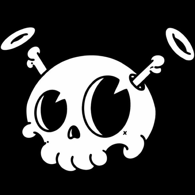 Black and white cartoon illustration of a cute skull with large expressive eyes and two bones crossed behind it, featuring small angel halos floating above each bone.