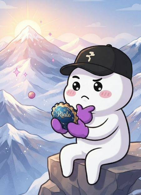 A cartoon ghost wearing a black cap and purple gloves sits atop a snowy mountain peak, carefully holding a "Rialo" cookie, visually echoing the post's message about Rialo not needing to compete head-on with Chainlink but carving out its own unique value proposition in the oracle market.
