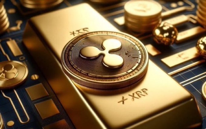 A digital rendering of a gold bar with the XRP (Ripple) logo and 'XRP' text embossed on it, sitting on a circuit board surrounded by gold coins.