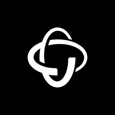 A white circular emblem featuring three interlocking curved lines forming a triangular knot pattern on a solid black background.