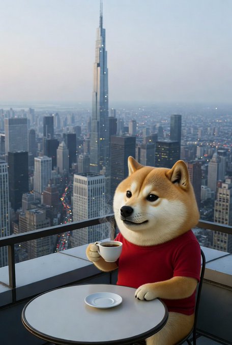 ikebana-style arrangement of a brown and white dog holding a coffee cup, seated at a table with a city skyline backdrop.