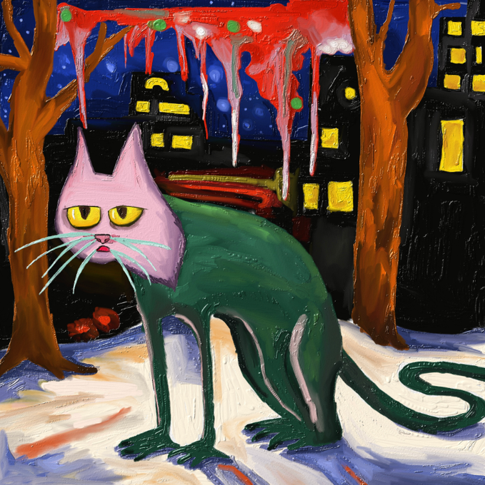 A folk-art style painting of a pink-faced, green-bodied cat with long whiskers standing in a snowy urban landscape at night, framed by bare trees and dripping red paint across a starry sky.