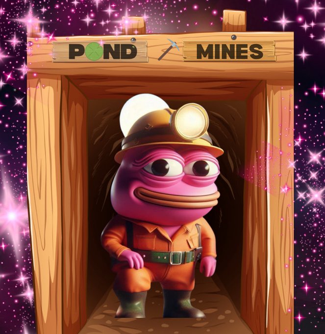 A cartoonish pink character in an orange miner outfit with a headlamp standing inside a wooden mine shaft entrance labeled 'POND MINES', set against a sparkly pink background.