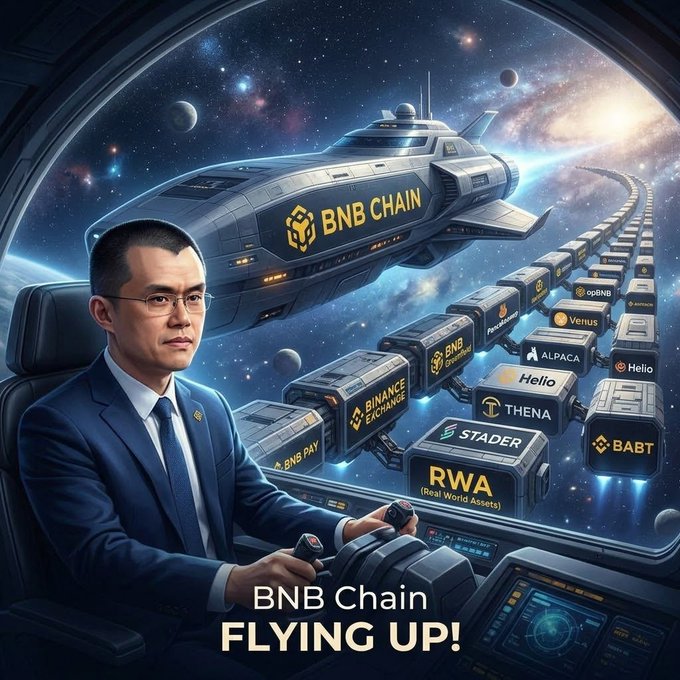 A sci-fi illustration depicts a man in a blue suit piloting a spacecraft labeled 'BNB CHAIN', with text 'BNB Chain FLYING UP!' and 'RWA (Real World Assets)' visible, surrounded by crates labeled with names like 'BINANCE EXCHANGE', 'STADER', 'THENA', and 'ALPACA'.