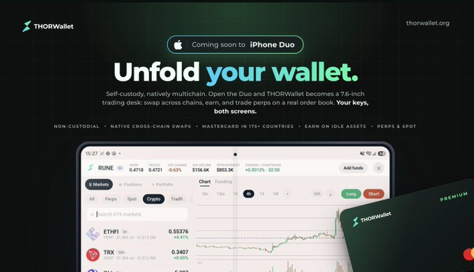 Promotional page for 'THORWallet' advertising 'Unfold your wallet' coming soon to iPhone Duo, highlighting self-custody, native cross-chain swaps, Mastercard availability in 175+ countries, and showing trading interfaces for RUNE, ETHFI, and TRX.