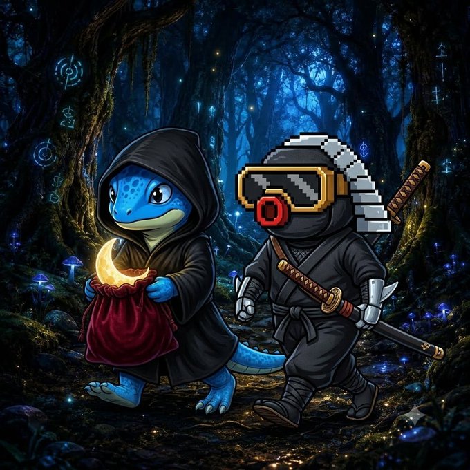 A digital illustration of two ninja-themed reptilian characters in a dark forest—one blue lizard holding a glowing red sack and another black ninja turtle with pixelated goggles and two swords.