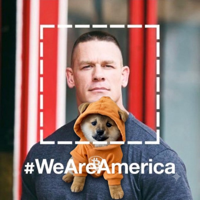 A digitally edited image of John Cena holding a Shiba Inu puppy wearing an orange hoodie, with the hashtag '#WeAreBAmerica' overlaid in white.