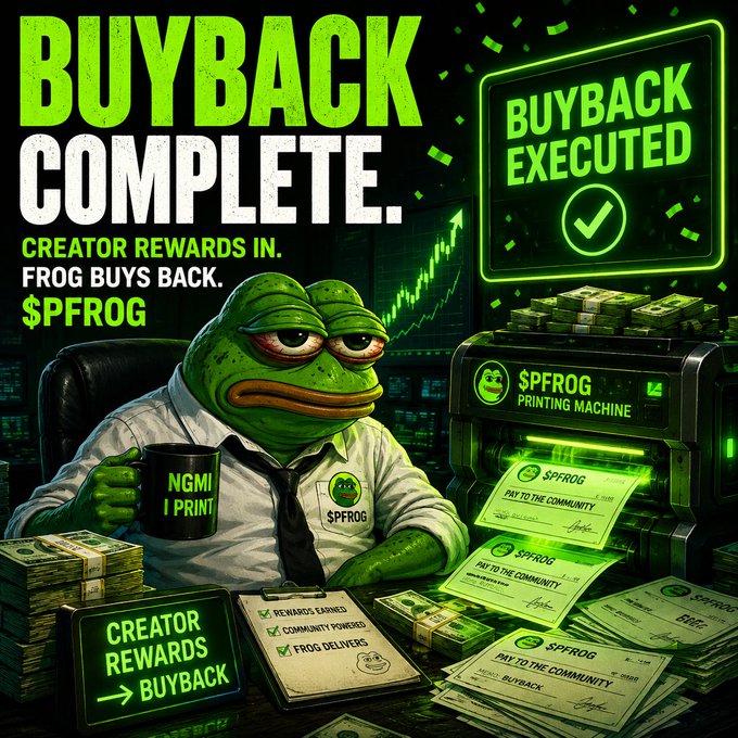 The image features a green frog sitting at a desk surrounded by stacks of money. The frog appears to be in a position where he can see the printer, which is still operational despite being used for a buyback operation. The text on the image reads "BUYBACK UPDATE We used SOL from creator rewards to execute a buyback for $PFROG. The printer is still on. The dev is still here. And as creator rewards continue to come in, we plan to keep supporting the project with continued buybacks."
