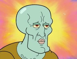 An animated alien character with pale green skin, droopy eyes, and a yellow shirt stands against a vibrant orange and yellow cosmic background.