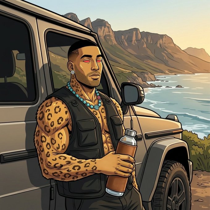 A digital illustration depicts a muscular man with red eyes, a leopard-print shirt, and a turquoise beaded necklace holding a water bottle, standing beside a vehicle with a coastal mountain landscape behind him.
