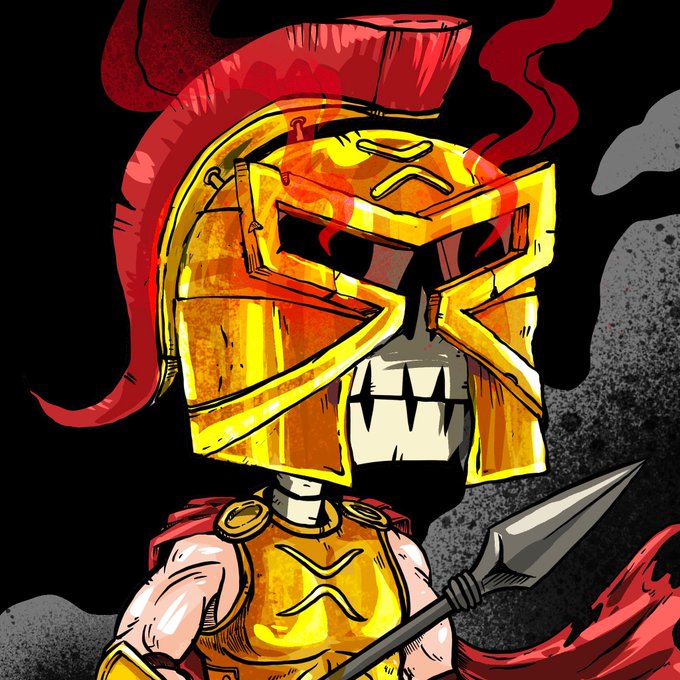 A stylized cartoon illustration of a skeletal warrior wearing a golden Spartan/Roman helmet with a red plume, glowing red eyes, golden armor, and holding a spear against a dark, smoky background.