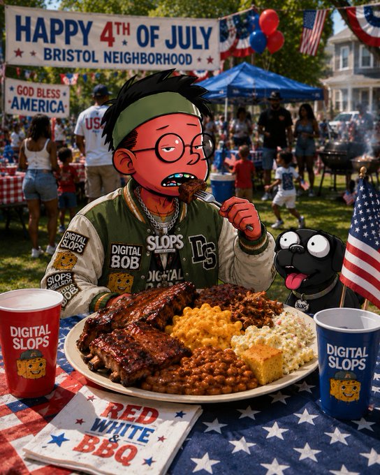 A cartoon character with a red face and glasses, wearing a "Digital Slops" and "Digital Bob" branded jacket, devours a barbecue feast (ribs, mac and cheese, beans, corn, cornbread) at a "Happy 4th of July Bristol Neighborhood" cookout, with a "Red White & BBQ" towel and matching cups on the patriotic tablecloth.

The image leans into the gm / Happy Saturday / $CULT vibe—lean, mean, Fourth-of-July cookout energy—matching the posted good-morning shoutout with red-white-and-bbq Americana, branded merch, and a memeish, degens-doing-flag-day flair.