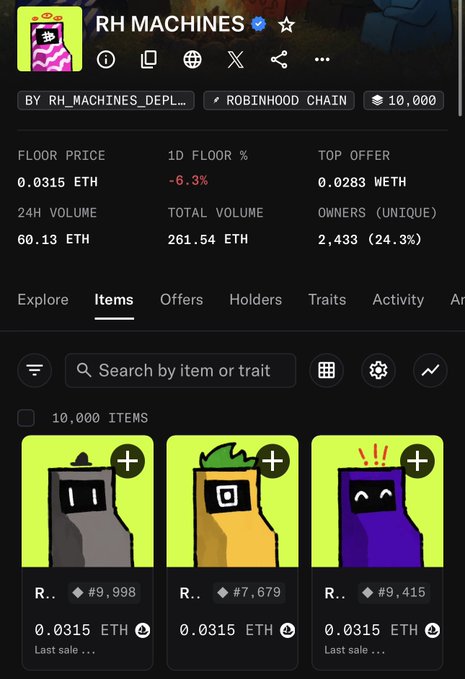 The image shows an NFT marketplace listing for "RH MACHINES" collection on Robinhood Chain, displaying a floor price of 0.0315 ETH (down 6.3%) with 10,000 items, 2,433 unique owners, and colorful cartoon-style machine characters. This screenshot supports the post's claim by demonstrating that Robinhood Chain NFTs have established liquidity metrics (261.54 ETH total volume), challenging the notion that Ordinals on Bitcoin are inherently superior to alternative NFT ecosystems.