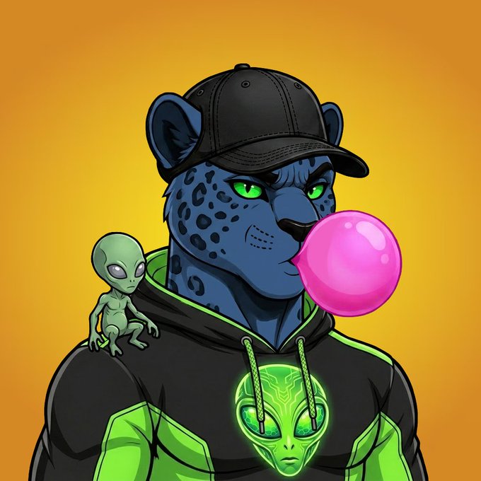 Digital art of a blue-furred humanoid character with leopard spots wearing a black cap and hoodie, blowing a pink bubble gum bubble, accompanied by a small alien on his shoulder.