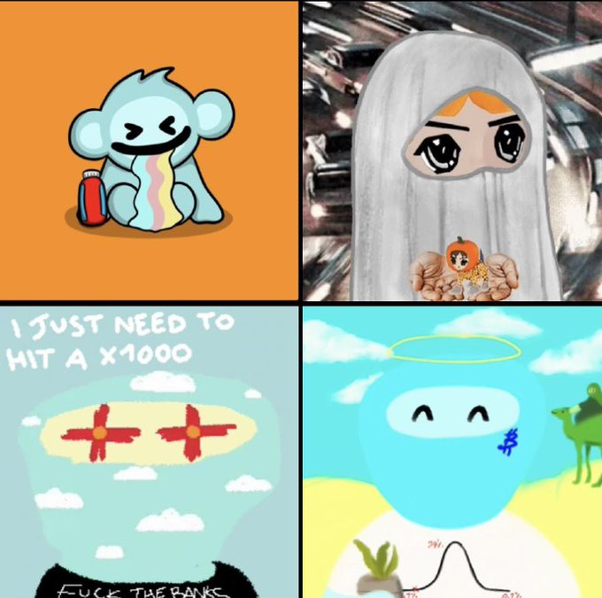 A four-panel collage of cartoon-style internet memes, including a blue monkey, a ghost holding a small figure, and text reading 'I JUST NEED TO HIT A X1000' and 'FUCK THE BANKS'.