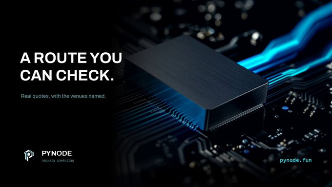 An advertisement for Pynode Higher Computing featuring the tagline "A ROUTE YOU CAN CHECK" and "Real quotes, with the venues named," with the website pynode.fun, set against a background of a dark microchip with glowing blue light trails.