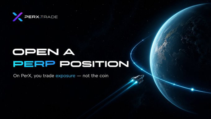 The image depicts a futuristic space scene with a large planet in the background, floating near a rocket that appears to be a spaceship. The text above the picture reads "Open a PERP position" followed by an explanation about buying assets on PerX and trading them for a perpetual position using PerX's unique beta technology called "Perx Exposure".