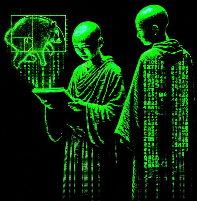 A digital art piece in green tones showing two monk-like figures alongside a bear and binary code.