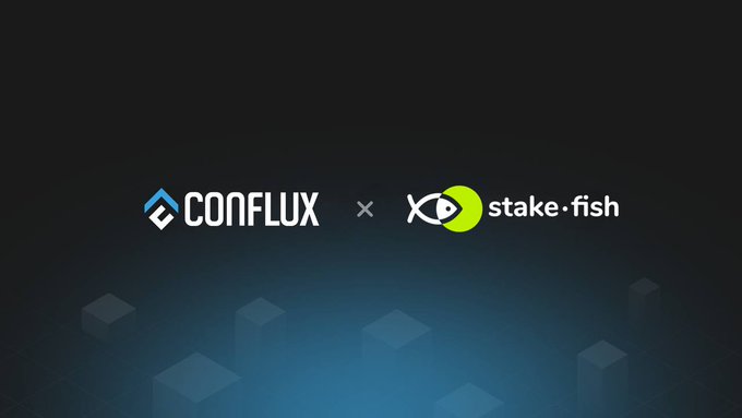 A dark blue collaboration announcement graphic displaying the logos for 'CONFLUX' and 'stake.fish' separated by a multiplication symbol over a geometric background.