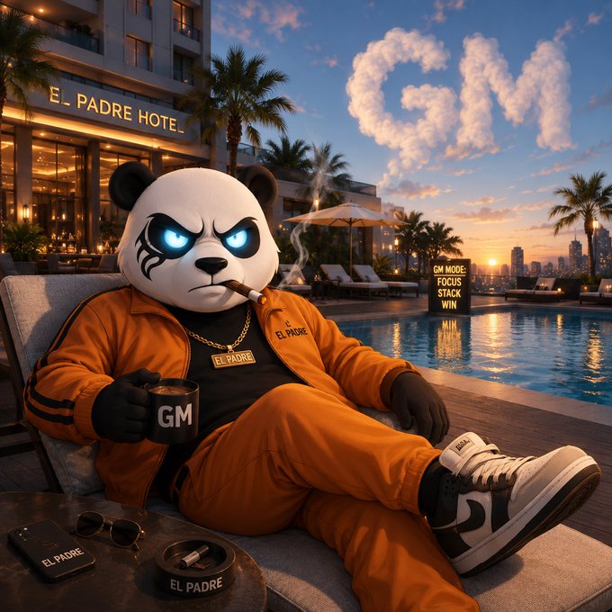 A digitally created panda character with glowing blue eyes and an 'EL PADRE' jacket lounges by a pool holding a 'GM' mug and cigar, with text reading 'GM MODE FOCUS STACK WIN'.