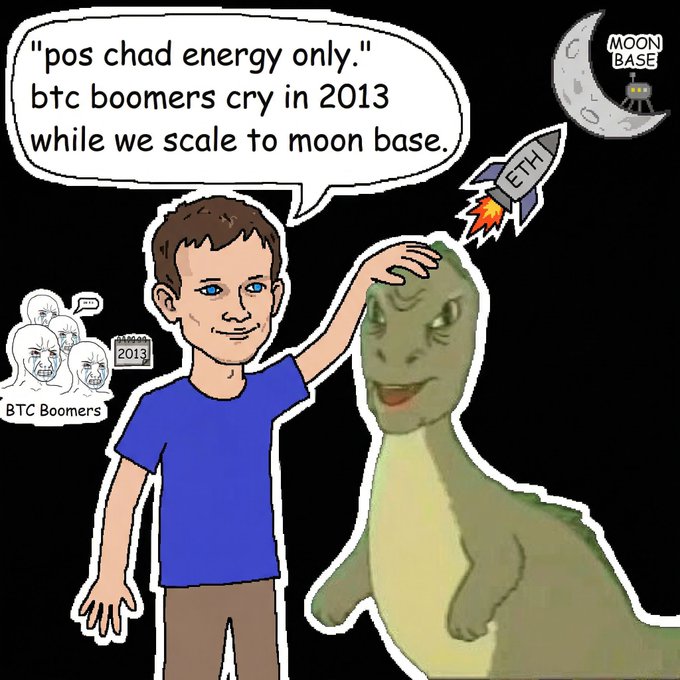 A meme illustration showing a character patting a green lizard on the head with a speech bubble reading 'pos chad energy only. btc boomers cry in 2013 while we scale to moon base,' with BTC Boomers and an ETH rocket to the moon.