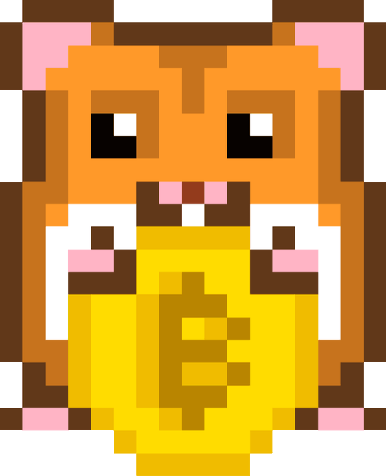 A pixel-art style hamster or bear character in orange and yellow tones holding a large golden coin with a dollar sign on its face.