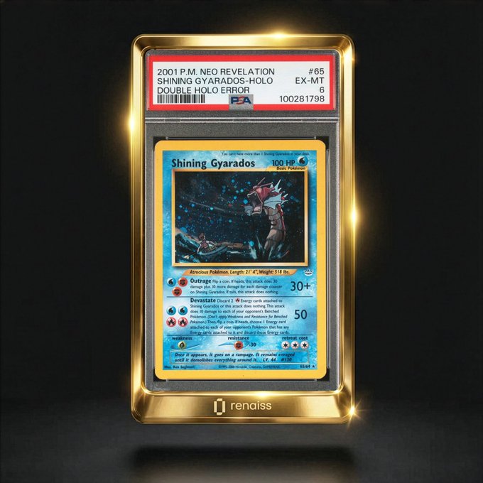 A graded PSA-6 'Shining Gyarados-Holo' #65 from the 2001 P.M. Neo Revelation Pokémon card set (cert #100281798), displayed in a gold protective case with the 'renaiss' logo, marked as a 'DOUBLE HOLO ERROR'.