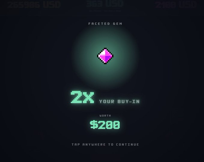 A dark screen displaying "FACETED GEM" with a pink gem icon and text reading "2x YOUR BUY-IN WORTH $200" and "TAP ANYWHERE TO CONTINUE".