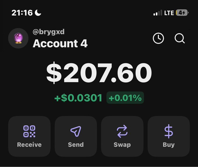 A screenshot of a cryptocurrency wallet showing Account 4 (@brygxd) with a balance of $207.60 (+$0.0301, +0.01%), featuring Receive, Send, Swap, and Buy options. The modest balance aligns with the post celebrating a first MetaWin win on what appears to be a beginner's crypto gambling account.
