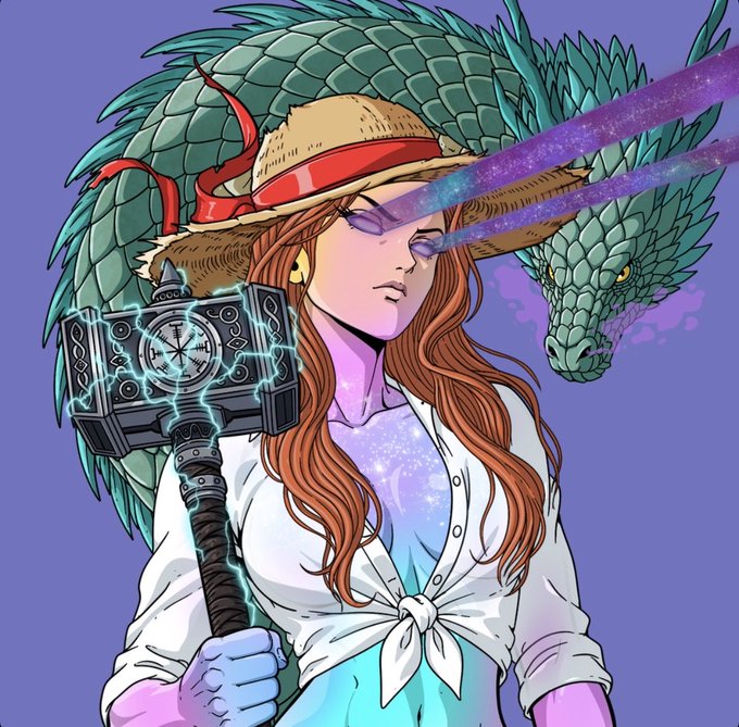 A colorful comic-book style illustration of a woman in a straw hat and white blouse holding a glowing, runic hammer, with a large green dragon behind her emitting purple beams from its eyes.