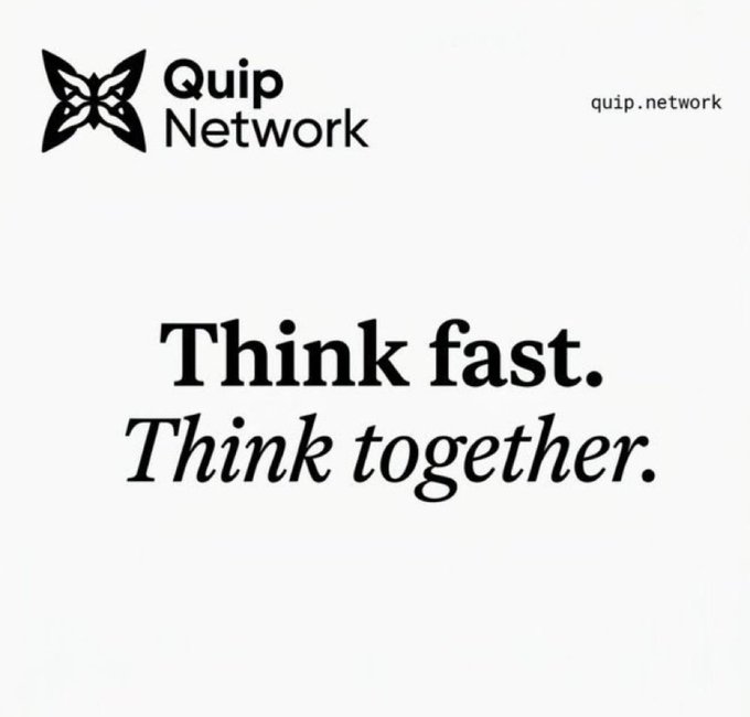 A white poster says "Think fast. Think together." above an image of a butterfly design, which is also shown at the top left corner of the image. The poster promotes a new service named Quip network, which offers a user-friendly platform for deploying networks and managing software configurations in a plug-and-play manner.