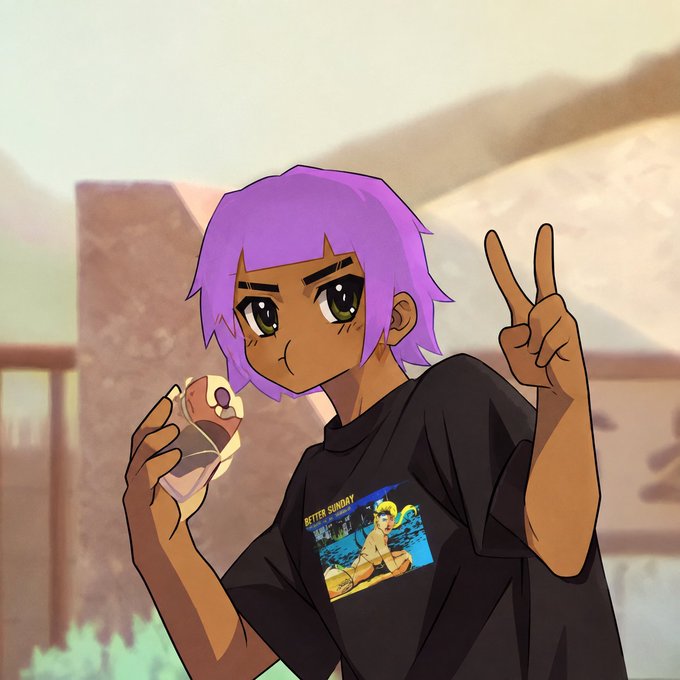 An anime-style illustration depicts a character with short purple hair eating a pastry and making a peace sign while wearing a black graphic t-shirt.