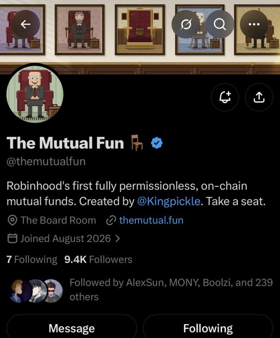 A Twitter/X profile for 'The Mutual Fun' (@themutualfun) describes it as 'Robinhood's first fully permissionless, on-chain mutual funds. Created by @Kingpickle.'