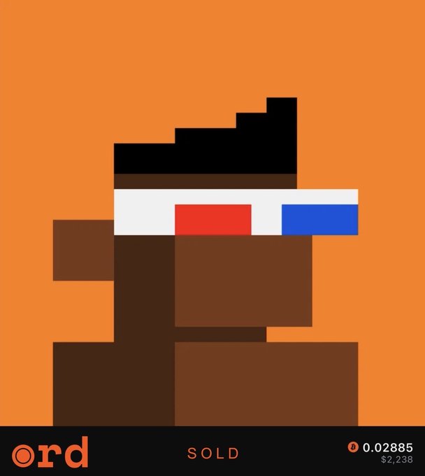 A pixel art NFT of a figure wearing 3D glasses with a French flag motif, labeled 'ord', 'SOLD', with a price of 0.02885 ($2,238).