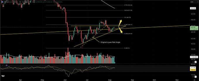 A cryptocurrency candlestick chart for $LTC (Litecoin) on TradingView displays an ascending triangle pattern with an annotated "Original Lower Rail Angle" dashed line and a yellow arrow highlighting a breakout point, showing price movement between roughly $42 and $51 across May through August 2025. The chart visually supports the post's analysis of an expanding triangle formation, with horizontal resistance near $51.86 and volume bars shown below, illustrating the breakout and re-entry that could lead to a significant move as the pattern approaches its apex.