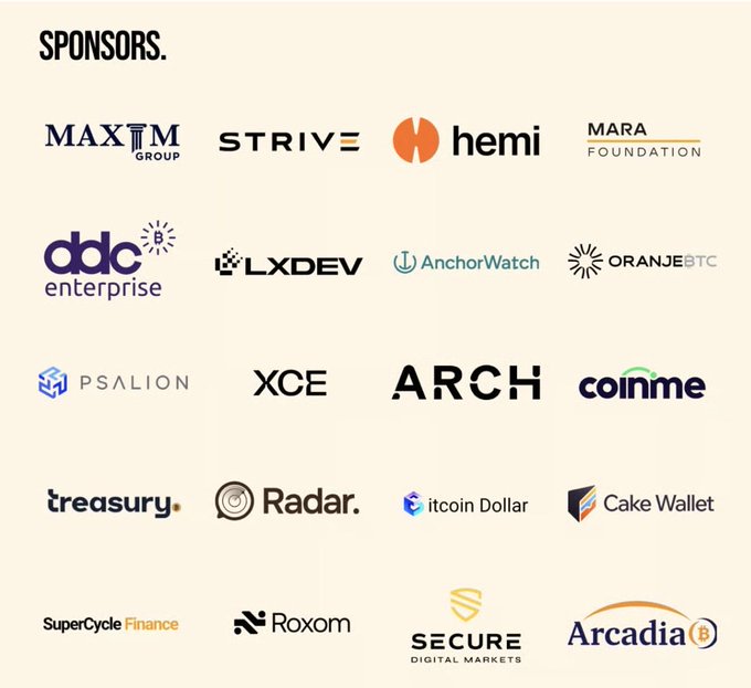 A "Sponsors" banner for the Bitcoin Treasuries Conference displays 20 company logos in a grid, including Maxim Group, Strive, Hemi, Mara Foundation, DDC Enterprise, LXDEV, AnchorWatch, OranjeBTC, Psalion, XCE, Arch, Coinme, Treasury, Radar, Bitcoin Dollar, Cake Wallet, SuperCycle Finance, Roxom, Secure Digital Markets, and Arcadia B. The post highlights that these sponsors are building institutional Bitcoin infrastructure across investment banks, custody, insurance, capital markets, and payment rails for the September 28 event in NYC.